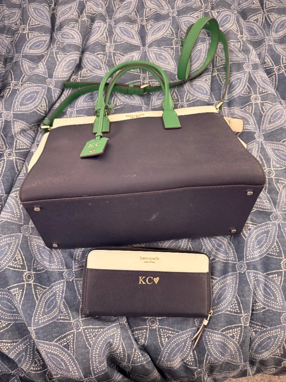 Kate Spade, navy blue and white with green handles purse and matching wallet
